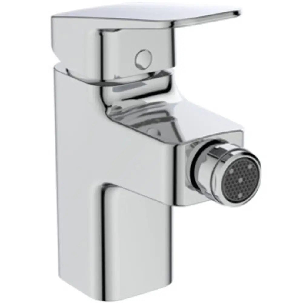 Bidetarmatur aus Chrom von Ideal Standard mit einem modernen Design. Die Armatur hat einen Hebelgriff und einen Anschluss für einen Wasserablauf.